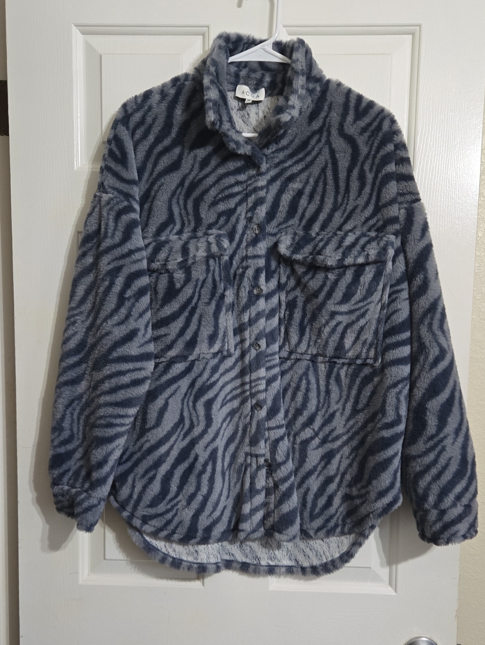 ACA Blue Zebra-Print Plush Shacket